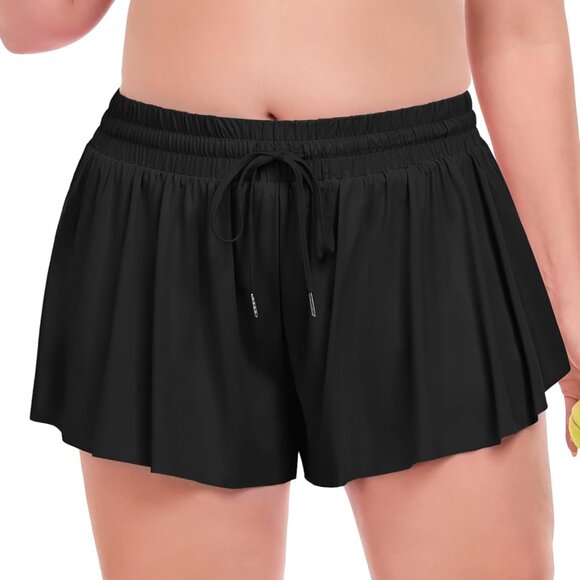 Plus Size Black Flowy Athletic Shorts with High Waist, 2-in-1 Design, Side Pocke - Picture 1 of 6